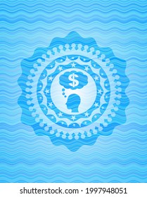 thinking in money icon inside water concept style badge. 