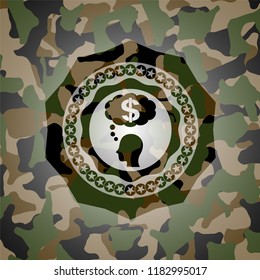 thinking in money icon on camo pattern