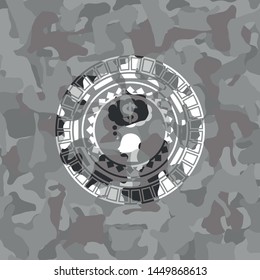 thinking in money icon on grey camouflaged pattern