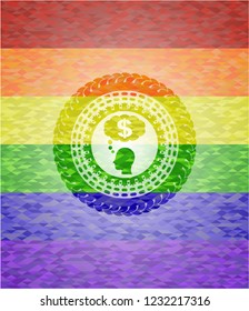 thinking in money icon on mosaic background with the colors of the LGBT flag