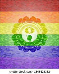 thinking in money icon on mosaic background with the colors of the LGBT flag
