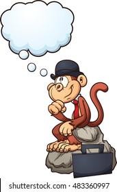 Thinking monkey sitting on a rock. Vector clip art illustration with simple gradients. Monkey, rock, briefcase and thought bubble on separate layers.