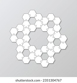 Thinking mosaic game with jigsaw grid shapes. Hexagonal puzzle pieces. Simple scheme with separate details. Cutting template. Business presentation for infographics. Vector illustration.