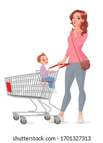 Thinking mother with young son sitting in shopping cart. Vector illustration isolated on white background.