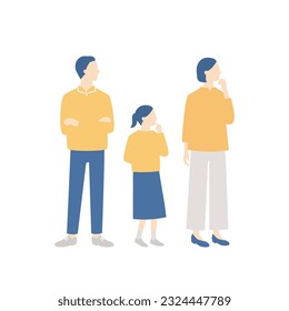 thinking nuclear family. father, mother and daughter. simple full body illustration