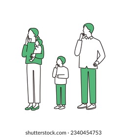 thinking nuclear family. father, mother, son and baby. simple full body illustration