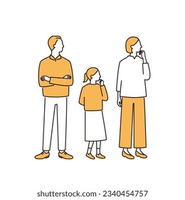 thinking nuclear family. father, mother and daughter. simple full body illustration