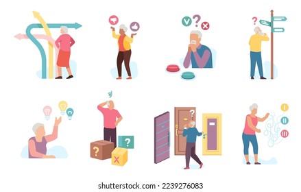 Thinking old people choose. Grandparents make path choices. Arrow pointers. Persons select ideas and buttons. Aged men and women decisions. Elderly dementia. Vector