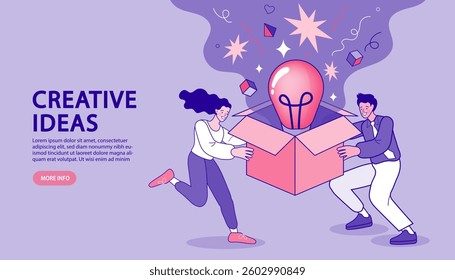 Thinking out of the box. Girl jumping from carton towards new idea in form of glowing light bulb. Freedom, break free from prison of thinking. psychology or mental therapy. illustration