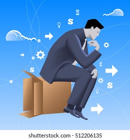 Thinking outside of the box business concept. Pensive businessman in business suit sitting on carton box. Vector illustration. Use as template, background or any any other design.