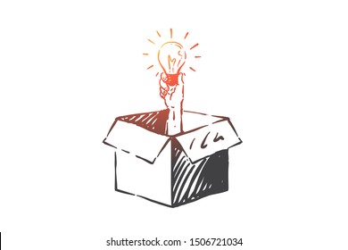 Thinking outside box concept sketch. Hand drawn isolated vector