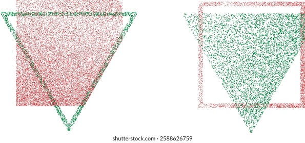 Thinking outside of the box .Distress basic geometric shape design . Noise dispersion triangle and square. Business merge logo .Spray effect .Grunge, grainy,  texture . Distressed element .vector 
