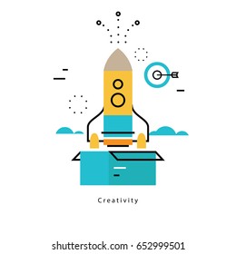 Thinking outside the box flat business vector illustration design banner. Creative thinking, idea launching, education, research, trainings, courses, tutorials. Design for mobile and web graphics