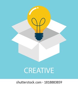 thinking outside the box idea. creative idea with light bulb. isolated on blue background. vector illustration in flat style modern design.