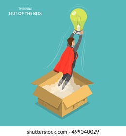 Thinking outside the box isometric flat vector conceptual illustration. The man in the red cloak flying out of the box with the light bulb in his hands. Innovation, creativity, brainstorm.