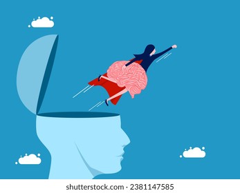 Thinking outside the box. woman hero holds a brain flying out of her head