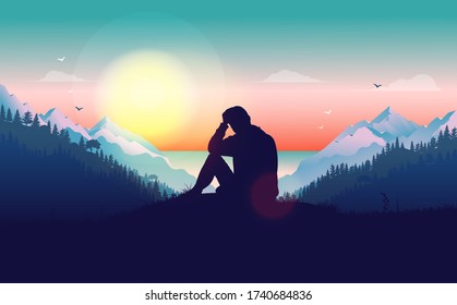 Draußen denken - Silhouette von traurig aussehenden Mann auf dem Hügel mit Blick auf den Sonnenaufgang in der schönen Landschaft. Emotionale, depressive, pensive und psychische Gesundheit Konzept. Vector-Abbildung.