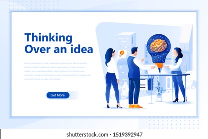 Thinking over an idea flat web page design template of homepage or header images decorated people for website and mobile website development. Flat landing page template. Vector illustration.