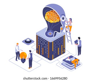 Thinking over idea isometric landing page vector template. Business solutions, startup development website homepage UI illustration layout. Brainstorm web banner isometry concept