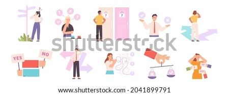 Thinking people choose path or option, make decision concept. Confusion person choosing button, pathway or door. Business dilemma vector set. Characters in doubt searching solution