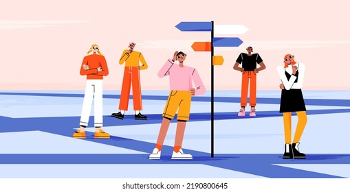 Thinking people choose right direction, way in career. Vector illustration of puzzled characters make choice of development path on road with signboard with arrows