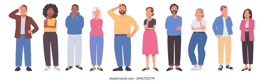 Thinking people in full growth on a white background. Puzzled or dreaming men and women, solving a problem, thinking, predicament, searching for solutions, question. Vector illustration in flat style