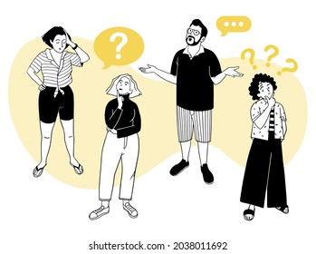 Thinking people and gestures questioning  Hand drawn vector illustration thoughtful human emotion signs  Smart men   women solving problem  Nonverbal communication signals sketches 