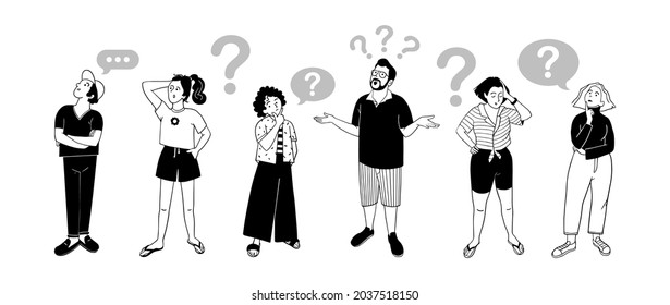 Thinking people with gestures of questioning. Smart men and women solving a problem. Set of pensive boys and girls surrounded by thought bubbles. Nonverbal communication signals sketches.