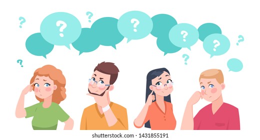 Thinking people group. Anxiety characters, flat crowd in doubt talking and confused, business team and social group. Vector cartoon businessman stressed question solutions overweight