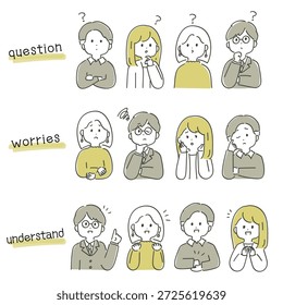 Conjunto de ilustraciones de Personas de pensamiento: pregunta, preocupación, idea y realización