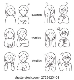 Conjunto de ilustraciones de Personas de pensamiento: pregunta, preocupación, idea y realización