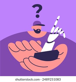 Gente pensante. Hombre resuelve problemas por el App del teléfono. Ilustración vectorial plana.