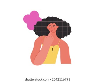 Thinking people, modern flat vector concept illustration- woman standing thoughtfully, looking sideways, bubble near head Metaphor for reflection, analysis, introspection, contemplation, deep thought