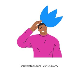 Gente pensante, ilustración moderna del concepto de Vector plano: hombre de pie pensativo, mirando hacia adelante, burbuja cerca de su cabeza Metáfora para la reflexión, el análisis, la introspección, la contemplación, el pensamiento profundo