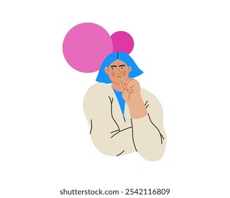 Thinking people, modern flat vector concept illustration- woman standing thoughtfully, looking sideways, bubble near head Metaphor for reflection, analysis, introspection, contemplation, deep thought