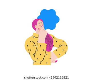 Thinking people, modern flat vector concept illustration- woman standing thoughtfully, looking upwards, bubble near head Metaphor for reflection, analysis, introspection, contemplation, deep thought