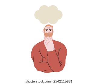 Gente pensante, ilustración moderna del concepto de Vector plano: hombre de pie pensativo, mirando hacia adelante, burbuja cerca de su cabeza Metáfora para la reflexión, el análisis, la introspección, la contemplación, el pensamiento profundo