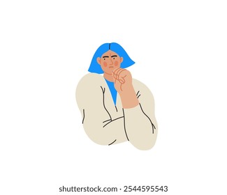 Thinking people, modern flat vector concept illustration- woman standing thoughtfully, looking sideways. Metaphor for reflection, analysis, introspection, contemplation, deep thought