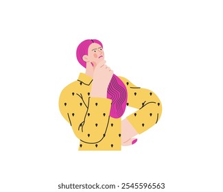 Thinking people, modern flat vector concept illustration- woman standing thoughtfully, looking upwards. Metaphor for reflection, analysis, introspection, contemplation, deep thought