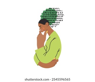 Thinking people, modern flat vector concept illustration- woman standing thoughtfully, looking down. Metaphor for reflection, analysis, introspection, contemplation, deep thought