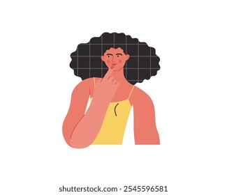 Thinking people, modern flat vector concept illustration- woman standing thoughtfully, looking sideways. Metaphor for reflection, analysis, introspection, contemplation, deep thought