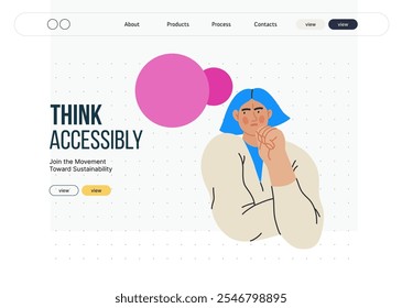 Thinking people, modern flat vector concept illustration- woman standing thoughtfully, looking sideways, bubble near head Metaphor for reflection, analysis, introspection, contemplation, deep thought