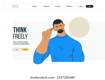 Thinking people, modern flat vector concept illustration- man standing thoughtfully, looking sideways, bubble near his head Metaphor for reflection, analysis, introspection, contemplation, deep