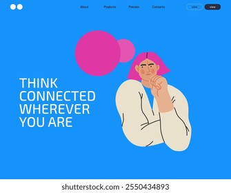 Thinking people, modern flat vector concept illustration- woman standing thoughtfully, looking sideways, bubble near head Metaphor for reflection, analysis, introspection, contemplation, deep thought