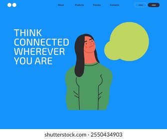 Thinking people, modern flat vector concept illustration- woman standing thoughtfully, looking upwards, bubble near head Metaphor for reflection, analysis, introspection, contemplation, deep thought