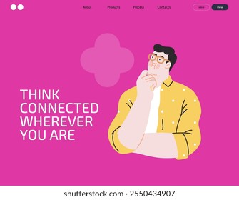 Thinking people, modern flat vector concept illustration- man standing thoughtfully, looking upwards, bubble near his head Metaphor for reflection, analysis, introspection, contemplation, deep thought