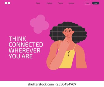 Thinking people, modern flat vector concept illustration- woman standing thoughtfully, looking sideways, bubble near head Metaphor for reflection, analysis, introspection, contemplation, deep thought