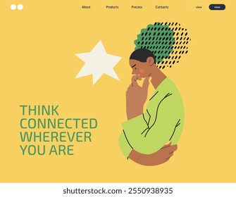 Thinking people, modern flat vector concept illustration- woman standing thoughtfully, looking down, bubble near head Metaphor for reflection, analysis, introspection, contemplation, deep thought