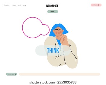 Thinking people, modern flat vector concept illustration- woman standing thoughtfully, looking sideways, bubble near head Metaphor for reflection, analysis, introspection, contemplation, deep thought