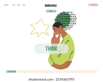 Thinking people, modern flat vector concept illustration- woman standing thoughtfully, looking down, bubble near head Metaphor for reflection, analysis, introspection, contemplation, deep thought